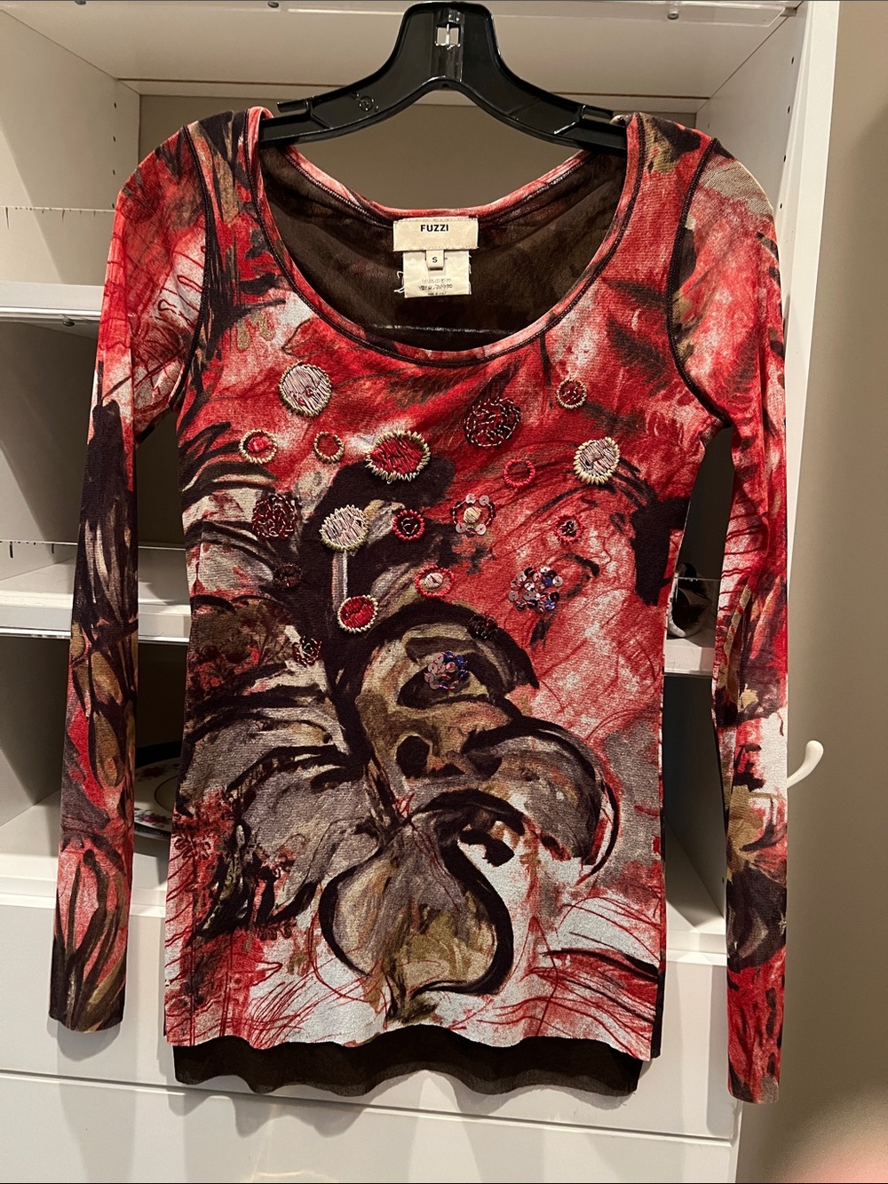 Vintage Fuzzi  by Jean Paul Gaultier Red Floral Embellished Long-Sleeve Tee